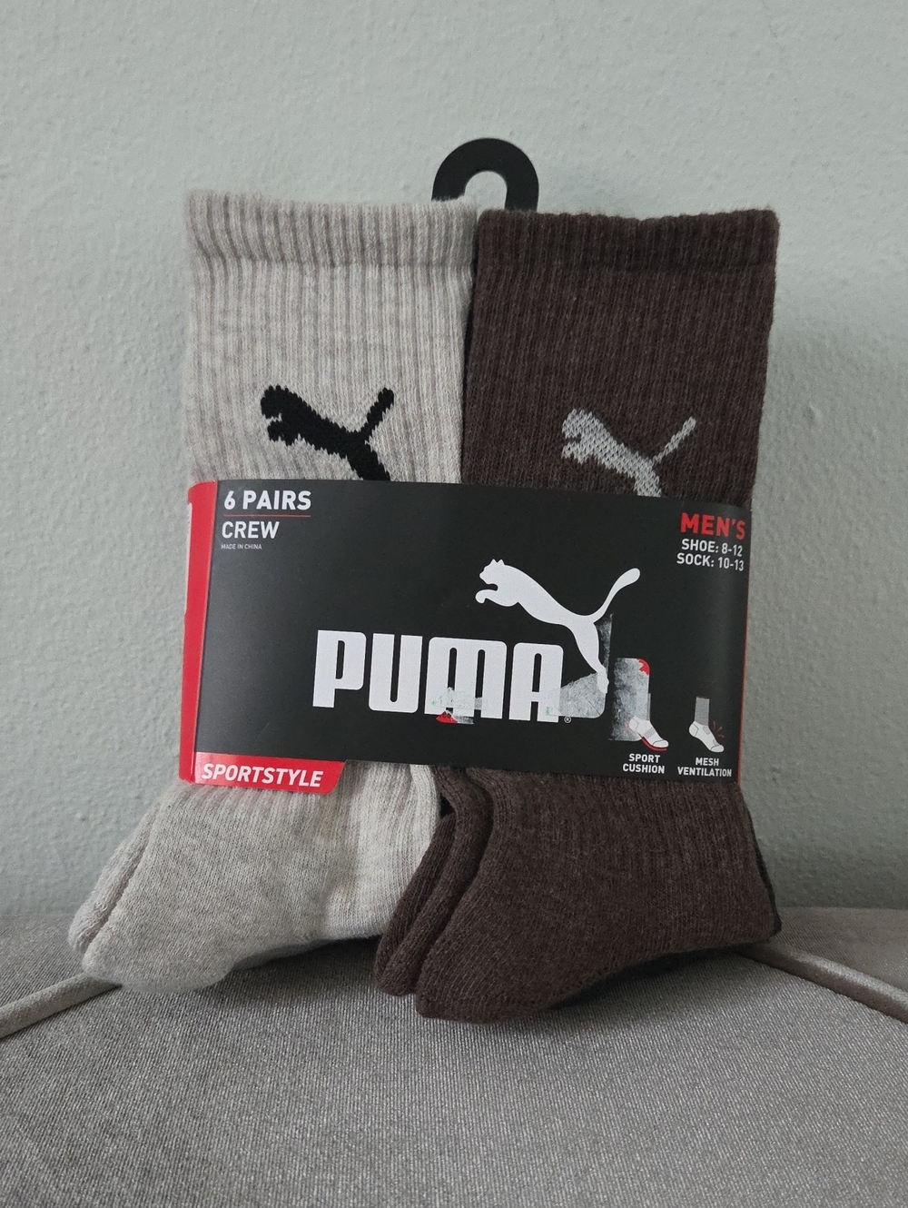 New PUMA~Size 10-13~Men's 6 Pair Brown Beige Gray Sportstyle Crew Socks